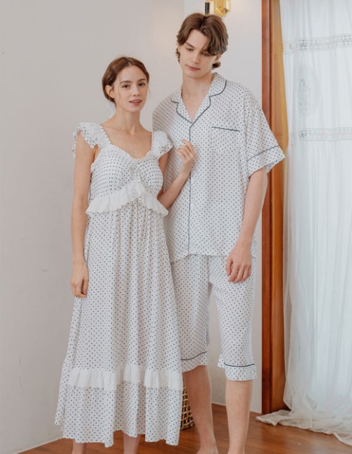 레이온도트 민소매 원피스 신혼부부 커플잠옷 2colors (캡내장)