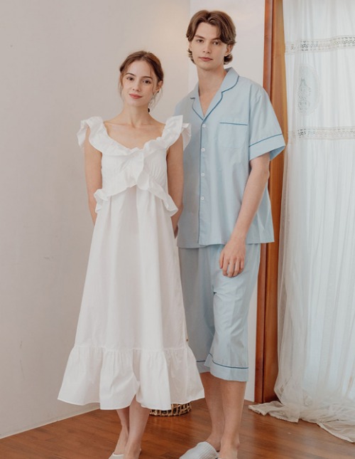 포피러플 민소매 원피스 신혼부부 커플순면잠옷 (캡내장) 3colors