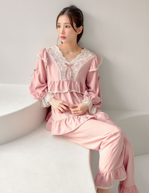 피오니 샌드워싱 긴소매 상하 여성잠옷 (2colors)