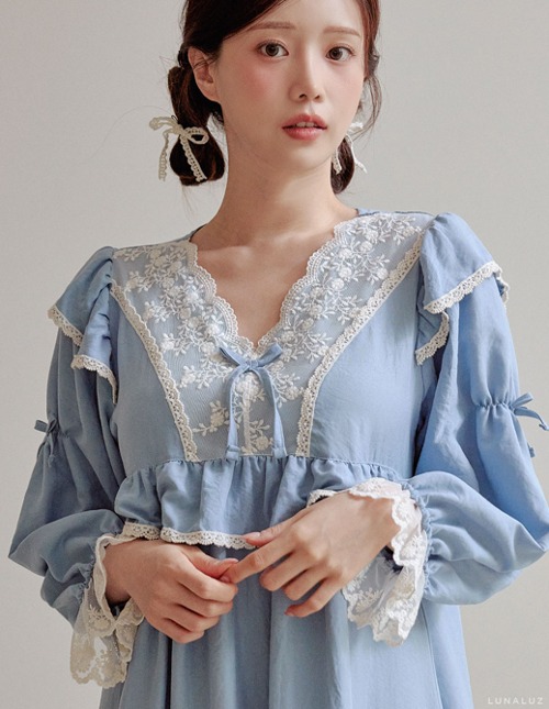 피오니 샌드워싱 긴소매 원피스 여성잠옷 (2colors)